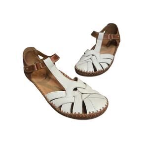 pikolinos vallarta closed toe sandals white brown leather casual low wedge 37